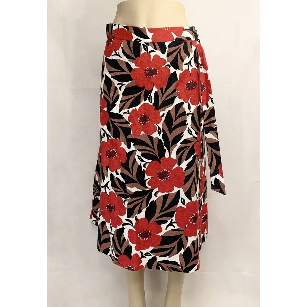 Kate Spade A Line Wrap Skirt Size 6 30” Red Brown Black Floral Linen Cotton
